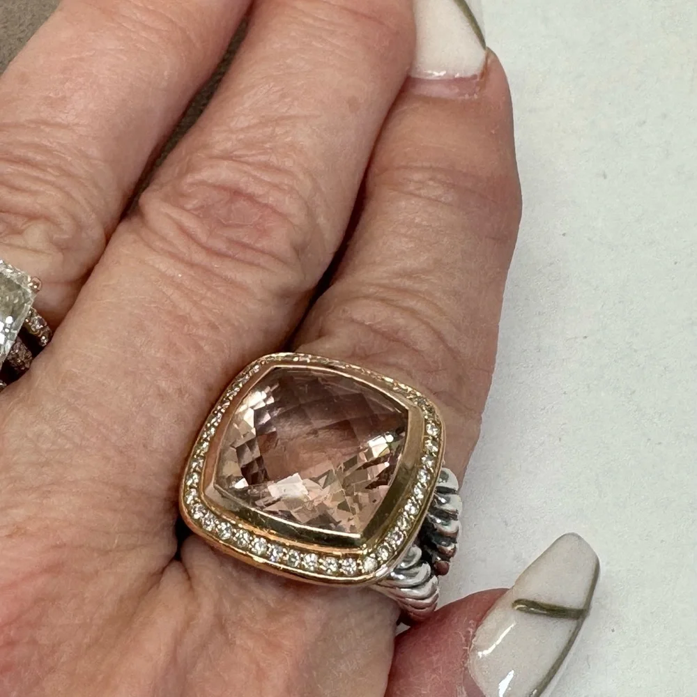 David Yurman 14mm Morganite Diamond Albion Ring .925 18K Rose Gold Sz 7 - Picture 3 of 10